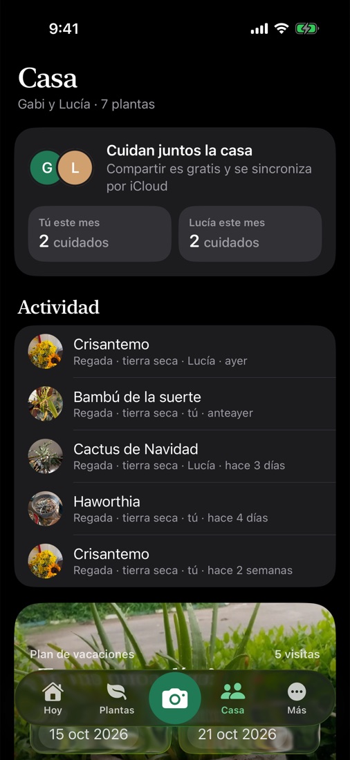 Pantalla Casa con quienes cuidan las plantas, los cuidados del mes y el plan de vacaciones.