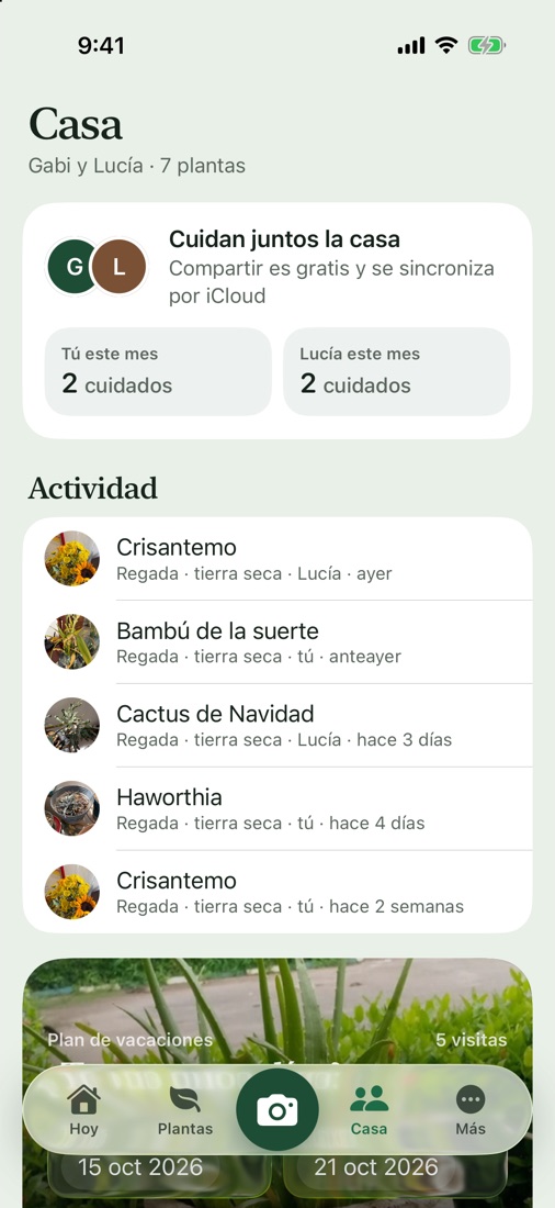Pantalla Casa con quienes cuidan las plantas, los cuidados del mes y el plan de vacaciones.