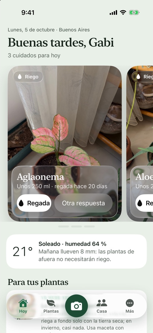 Pantalla Hoy con la tarjeta de riego de la aglaonema, el clima del día y consejos para tus plantas.
