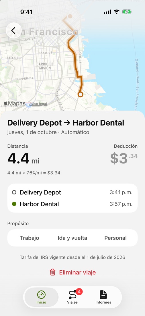 Un viaje en el mapa, con sus millas, la tarifa del IRS y la deducción que suma.