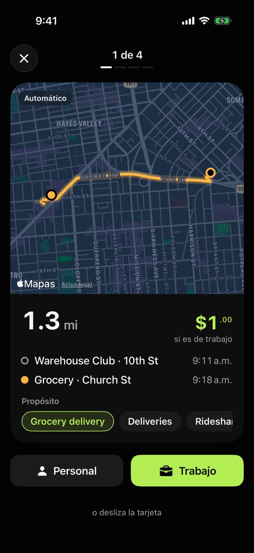 Pantalla de revisión: un viaje en el mapa con los botones Trabajo y Personal.